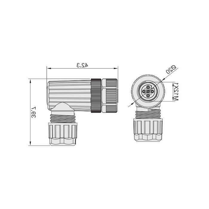 M12 5Pin, female 90°, food grade, screw connection, 64F249